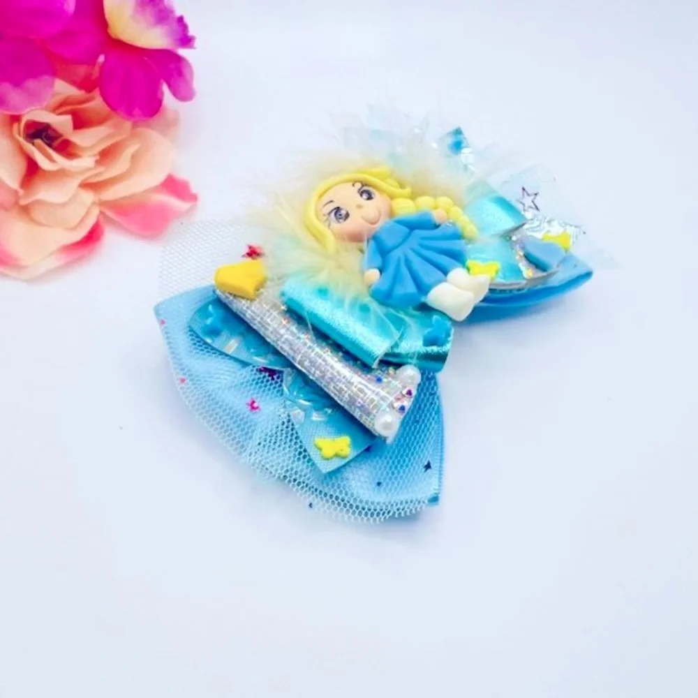 Accessories Girls Princess Hair Bow Clip with Clay Doll Handcrafted